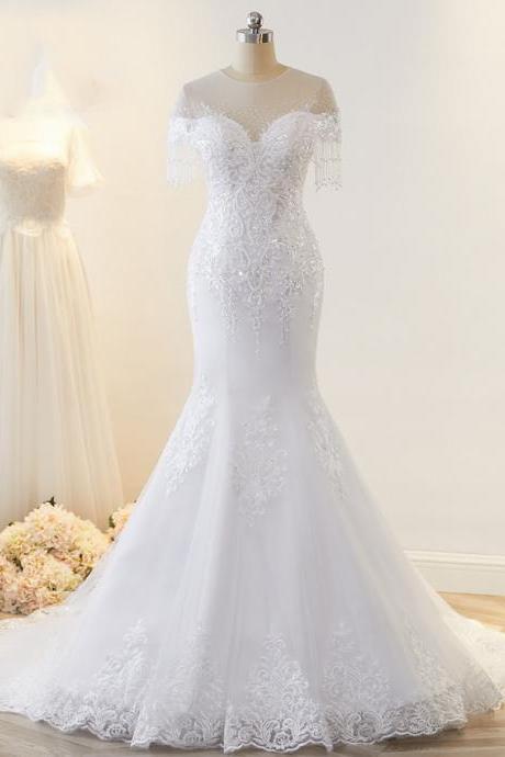 Beautiful Beaded Lace Mermaid Wedding Dresses 2022 Sheer Neck Pearls Tassel Sleeves America And Europe New Wedding Dress