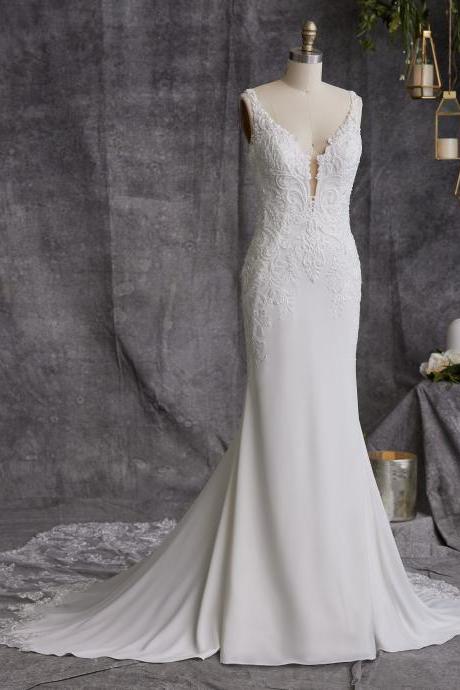 2022 Mermaid Wedding Dresses Sleeveless White V Neck Lace Bridal Dress Marriage Custom Made Vestidos De Novia платье
