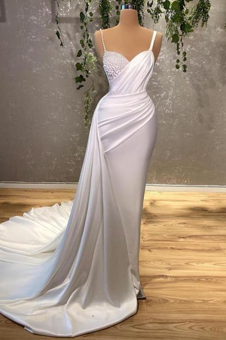 Wedding Dresses For Women Charming 2022 Sleeveless Pearls Bride Dress White Mermaid Floor Length Robe De Mariee Customize