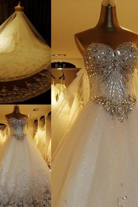 Custom Made Ball Gown Sweetheart Lace Crystal Beaded Diamond Formal Wedding Dresses Luxury Bridal Gowns Real Photos