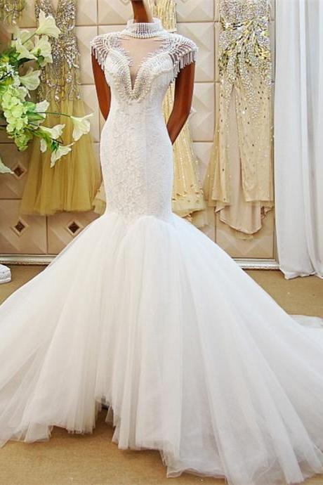 Mermaid Pullfy Tulle Lace Crystal Pearls Sexy Formal Wedding Dresses 2022 Real Photo Luxury Wedding Gown Custom Made