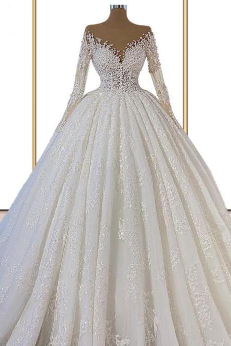 Luxury Princess Wedding Dresses Long Sleeve Tulle Lace Crystal Beaded Appliques Formal Bride Dress Custom Make