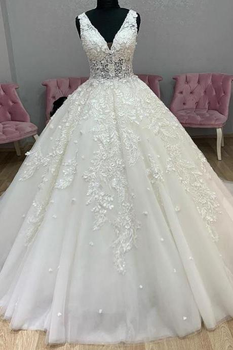 V-neck Ball Gown Wedding Dresses Vestido De Noiva Sexy See-though Bodice Court Train Formal Bride Wedding Gowns
