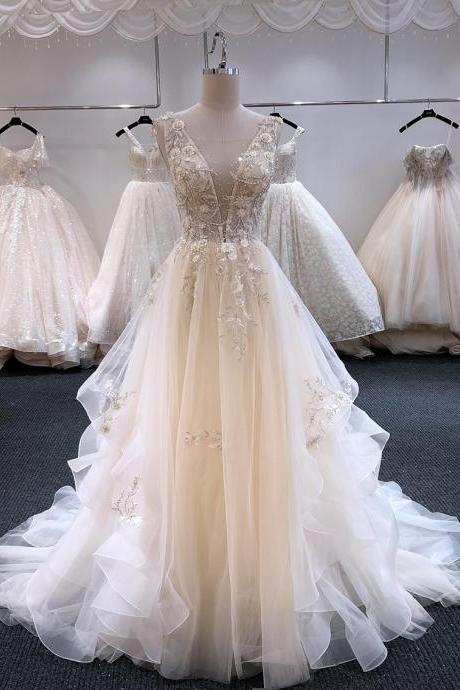 Gorgeous Appliques Court Train A-Line V-neck Wedding Dresses 2020 Luxury Beaded Backless Bridal Gown vestido de noiva