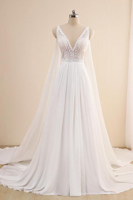 Sexy Chiffon Beach Wedding Dress 2021 Sleeveless V Neck Long Shawl Bohemian Lace Bride Dresses A Line Bridal Gown