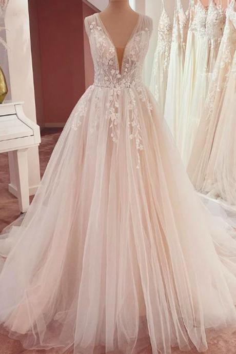 Elegant V-neck Wedding Dresses Lace Appliques Sleeveless Backless Boho Wedding Gowns Plus Size Bridal Dress Robe De Mariee