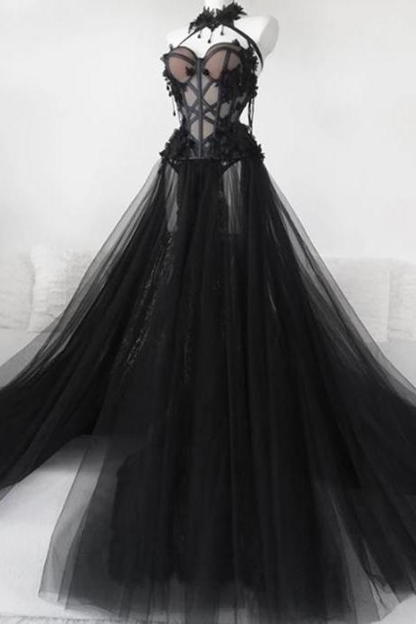 Gothic Black Long Wedding Dress 2021 Sexy Bridal Gown Vestidos De Novia Sexy Tulle Wedding Gowns Trouwjurk Plus Size