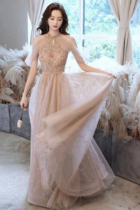 Champagne Prom Dresses Halter Dresses Woman Party Night Floor-length Beading Prom Dress A-line Evening Dresses