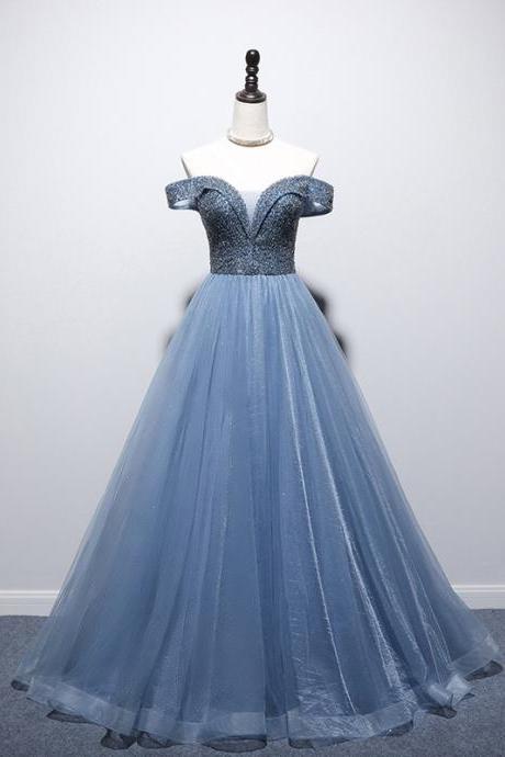 Blue Off-shoulder Long A Line Prom Dresses V-neck Beaded Sparkly Tulle Evening Gowns Party Graduation Dress