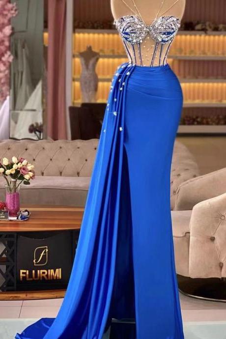 Royal Blue Prom Dresses, Beaded Prom Dresses, Mermaid Evening Dresses, Satin Evening Gowns, Formal Dresses, Sexy Evening Gowns, Custom Make