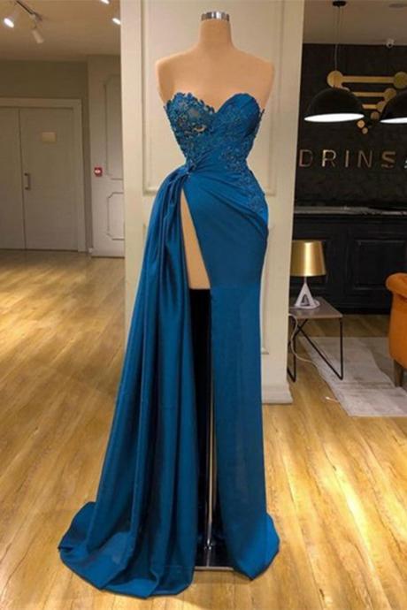 Blue Prom Dresses, Lace Prom Dresses, Side Slit Evening Dresses, Front Slit Evening Dresses, Sexy Formal Dresses, Chiffon Evening Gowns, Party