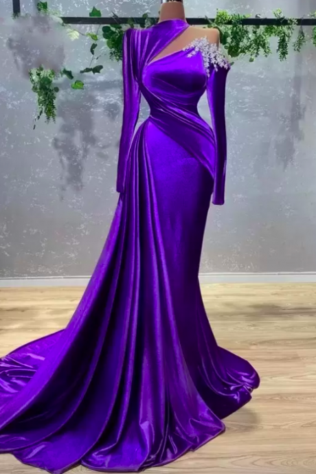 Luxury Mermaid Purple Evening Dresses With Beaded Crystals Long Sleeve Velvet Satin Party Occasion Gowns Pleats Ruffles Prom Dress Wears