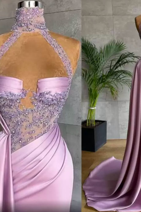 2022 Sexy Aso Ebi Arabic Plus Size Lilac Lace Beaded Sheath Evening Dresses High Neck Pleats Prom Formal Party Second Reception Gowns Custom