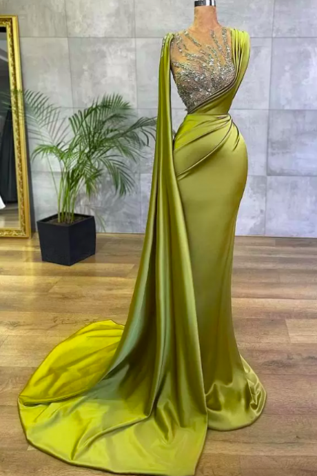 Arabic Lemon Green Satin Mermaid Evening Prom Dresses Sheer Mesh Top Sequin Beads Ruched Formal Occasion Wear Gold Hunter Sheer Neck Sweep Train