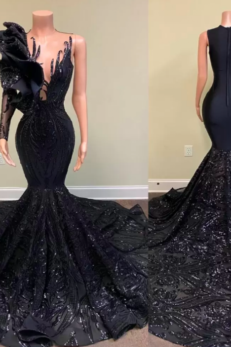 2022 Sexy Elegant Prom Dresses Mermaid Long Sleeve Black Sequined Lace Applique Jewel Neck Ruffles African Girl Gala Evening Party Gowns Sequins