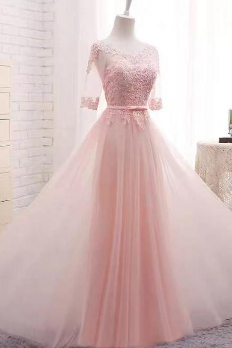 Pink Prom Dresses, Sheer Crew Neck Prom Dresses, Lace Prom Dresses, Short Prom Dresses, Custom Make Prom Dresses, Prom Dresses, Arabic Prom