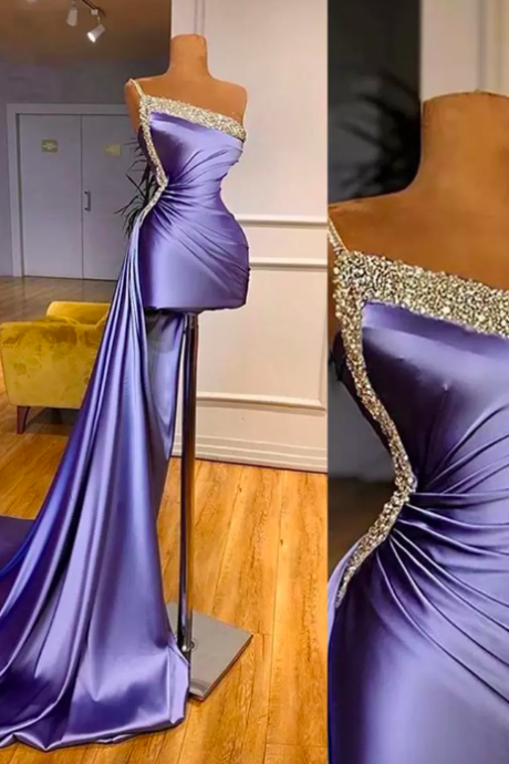 2022 Glitter Sequins Crystal Beaded Prom Dresses One Shoulder Mini Side Skirt Pleats Elegant Satin Cocktail Party Gowns Short Arabic Aso Ebi