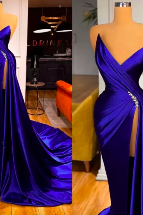 2022 Glamorous Royal Blue Sweetheart Prom Dresses Mermaid Long With Split Sexy Backless Evening Gowns