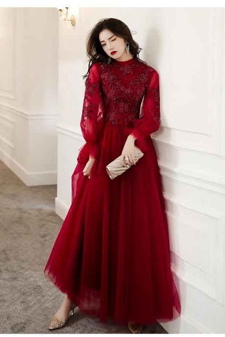 Wine Red Modest Evening Dresses With Long Sleeve Beaded Appliques A-line Floor-length Tulle Long Formal Gowns For Women