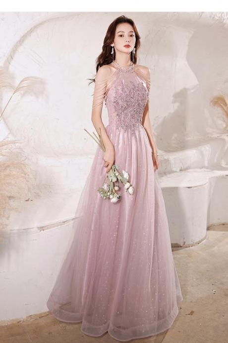 Halter Pink Prom Dresses With Beads Luxury Appliques A-line Floor-length Sequined Tulle Long Women Evening Dresses For Wedding