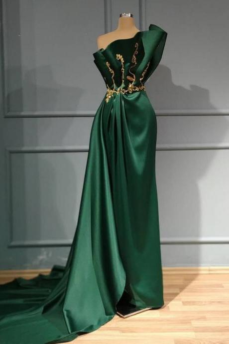 Emerald Green Mermaid Satin Evening Dresses Real Image Gold Appliques Beaded Long Prom Dresses Ruffles Formal Dress