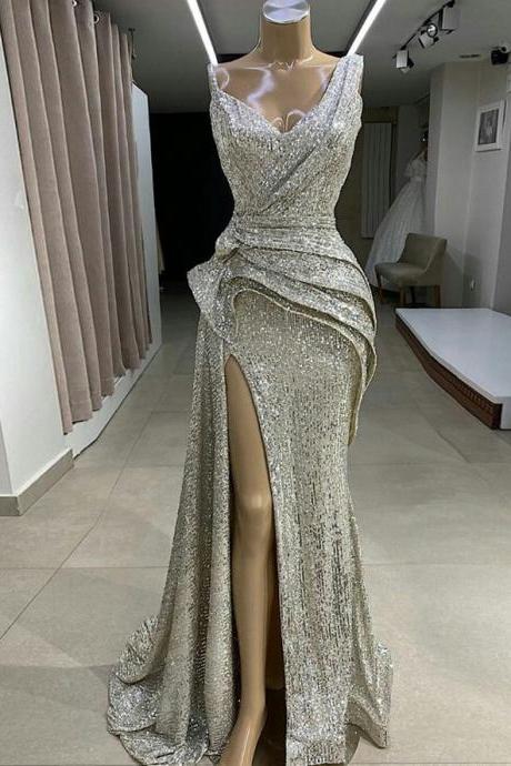 Sparkle Long Mermaid Prom Dresses 2021 Sexy High Side Split Prom Gowns Formal Party Dress V-neck