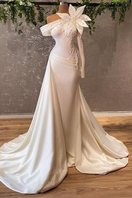2022 Long Sleeve One Shoulder Handmade Flower Sequins Women Party Prom Gowns White Elegant Mermaid Evening Dresses
