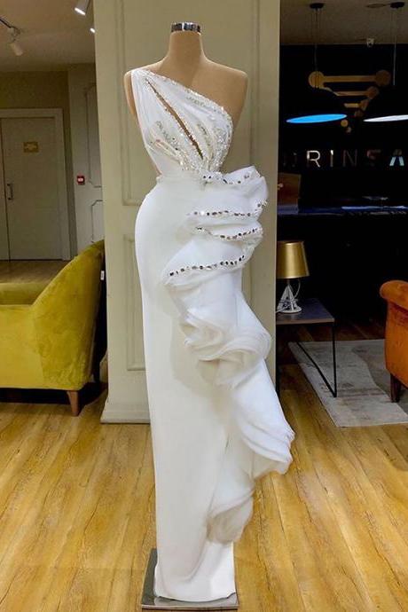 2022 White Mermaid Prom Gowns One Shoulder Hand Beaded Ruffles Evening Dress Formal Party Dresses For Women Robe De Soirée