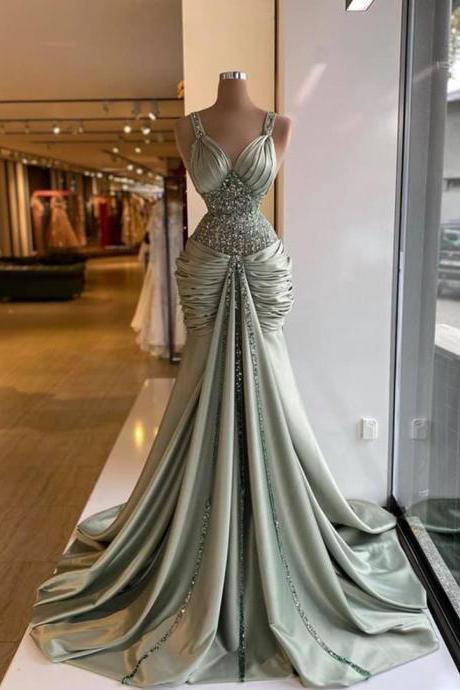 Modest Mint Green Mermaid Prom Dresses 2021 Vintage Crystal Long Prom Gowns Lace Up Formal Event Party Dress Real Image