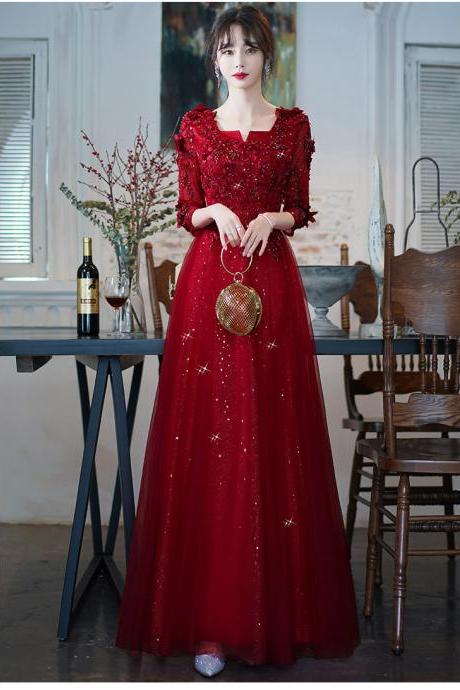 Wine Red Modest Evening Dresses With 3/4 Sleeves 2021 Luxury Appliques A-line Floor-length Women Formal Gowns For Wedding Party