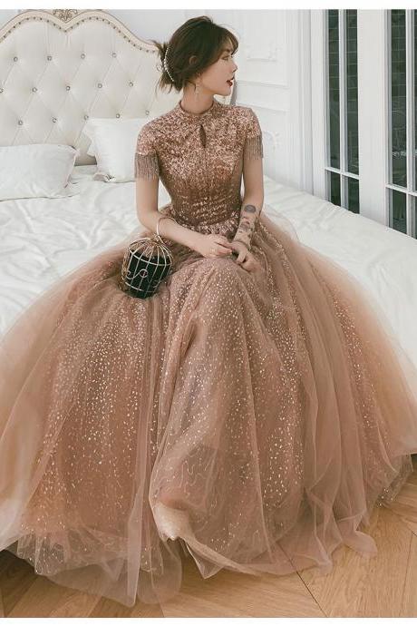 Pink Glitter Tulle Graduation Party Gowns With 3/4 Sleeves Elegant A-line Floor-length Long Women Formal Evening Dresses
