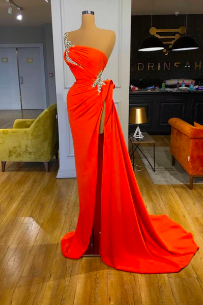 Red Prom Dresses, Mermaid Prom Dresses, Custom Make Evbening Dresses,side Slit Prom Dresses, Beaded Evening Dresses, Side Slit Evening Dresses,