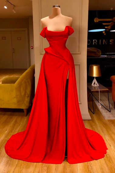 Prom Dresses, 2022 Prom Dresses, Red Prom Dresses, Scoop Neck Prom Dresses, Pleats Prom Dresses, Red Evening Dresses, Side Slit Evening Dresses,