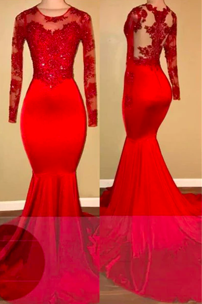Red Prom Dresses, Lace Prom Dresses, Long Sleeve Prom Dresses, Mermaid Prom Dresses, Long Sleeve Evening Dresses, Red Evening Dresses, 2022 Prom