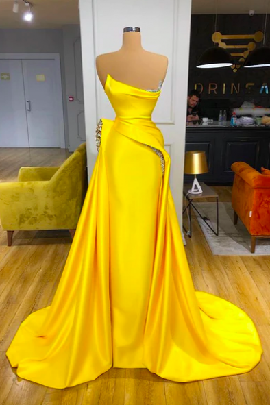 Yellow Prom Dresses, Pleats Prom Dresses, Lace Porm Dresses, Evening Dresses, Pleats Party Dresses, Mermaid Prom Dresses, Strapless Prom Dresses,