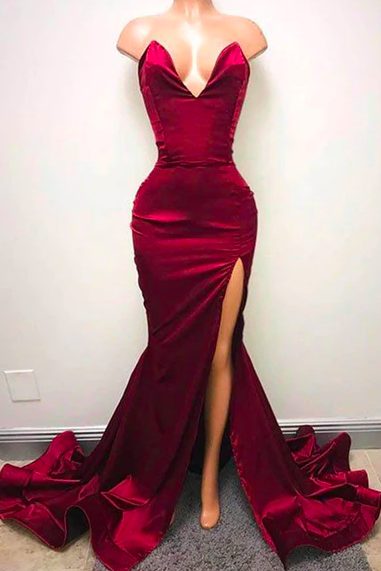 Burgundy Prom Dresses, Satin Evening Dresses, Red Prom Dresses, Sexy Formal Dresses, 2022 Evening Dresses, Mermaid Evening Dresses, Custom Make