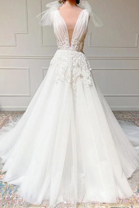 Elegant Wedding Dress Sleeveless Deep V-Neck Applique Bridal Gown Simple Chiffon Train Robe De Mariée