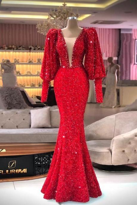 Red Gorgeous Elegant Mermaid Prom Dresses Long Sleeves Sequins Sparkling Women Formal Evening Party Gowns Plus Size Custom Made