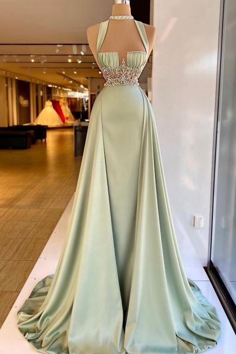 Elegant Satin Crystals Evening Gowns Halter Long Detachable Sleevles Sweetheart Beadings Satin Custom Made Girls Pageant Dress