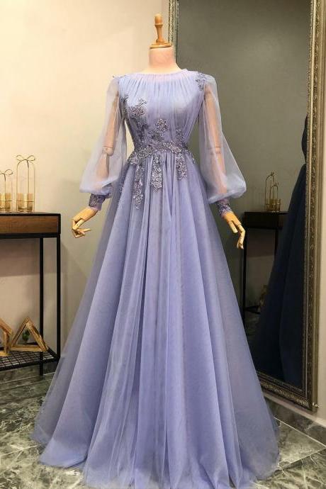 Lilac A-line Prom Dresses Appliques Lace Beading Tulle Long Sleeves Formal Evening Party Gowns Elegant Robes De Soirée