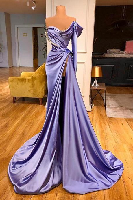 Lavender Evening Party Gowns Sweetheart Long Sleeves Mermaid Prom Dress Beads Sequined Long Pageant Celebrity Dresses