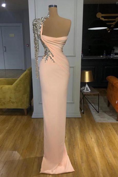 Fashion Pink Prom Dress Robe De Soiree Crystals Stones Slim Evening Dresses Long One Shoulder Stretch Formal Party Gown