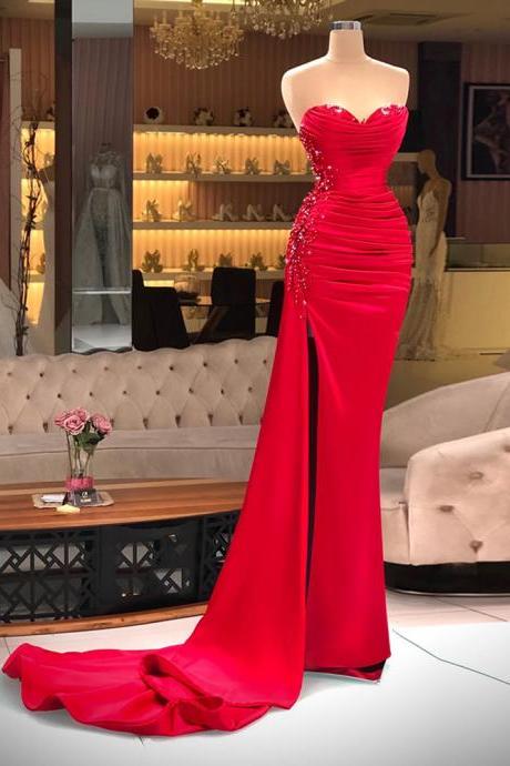 Red Evening Dress High Slit Sweetheart Sleeveless Beading Pleat Sexy Prom Dresses Sweep Train Celebrity Party Gown 2022