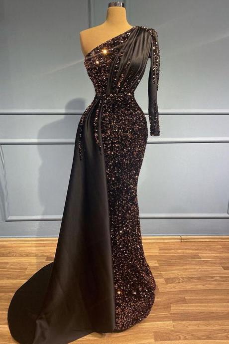 Glitter Mermaid Evening Dress Long Sleeve One Shoulder Black Sequin Prom Dresses Sweep Train Sexy Celebrity Gown