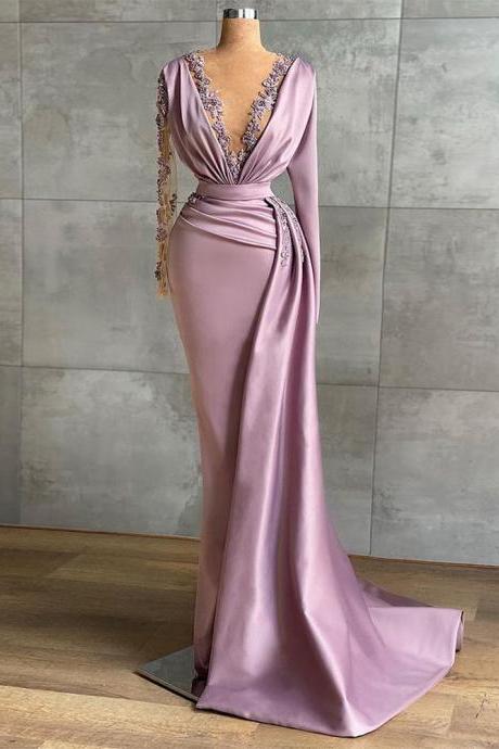 Luxury Evening Dress Sparkling Stones Beading Mermaid Prom Dresses Sweep Train Light Purple Celebrity Party Gown