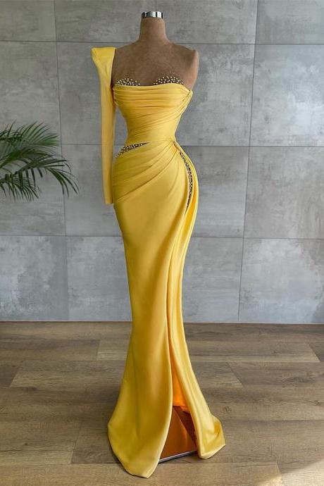 Yellow Mermaid Prom Dress One Shoulder Long Sleeves Pearls Party Pageant Gowns Side Slit Long Evening Dresses