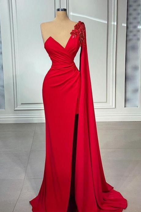 2022 Evening Dress With 3d Flowers Sexy Asymmetrical Neck Pleat Mermaid Party Gown High Slit Sweep Train Formal Prom Dresses