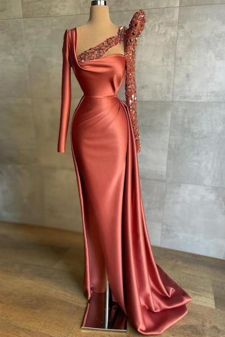 Modern Mermaid Prom Dress Long Sleeves Sparkling Sequin Beading Satin Evening Dresses Sweep Train Pageant Party Gowns
