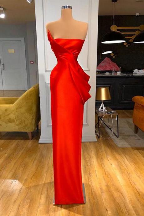 Red Strapless Evening Dress Formal Gowns Custom Made Sleeveless Sheath Floor Length Long Prom Dresses With Pleat