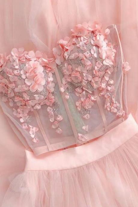 Two Pieces Prom Dresses, Hand Made Flowers Prom Dresses, Long Evening Dresses, A Line Prom Dresses, Pink Prom Dresses, Hand Made Flowers Prom